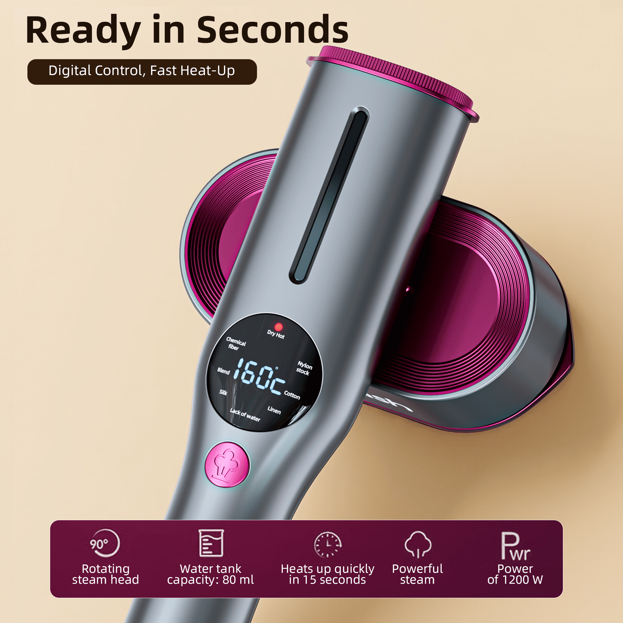 Dr Flash 1200W Handheld Garment Steamer, Portable Clothes Steamer with LED Display, 7 Settings, 90 Degree Swivel Handle for Home and Travel