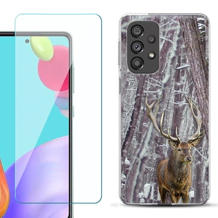 Slim-Fit Gel TPU Phone Case for Samsung Galaxy A33 5G with Tempered Glass Screen Protector by OneToughShield ® - Deer/Snow/Camo