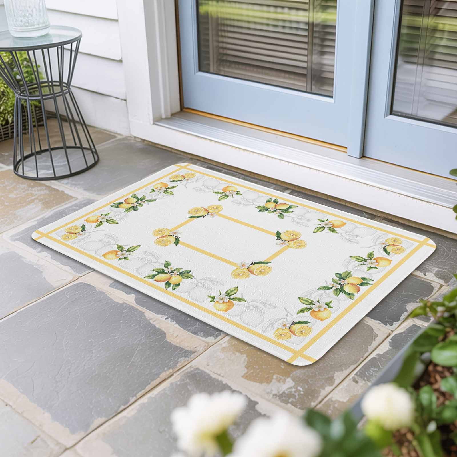 Lemon Yellow Doormat Outdoor Entrance 24"x36", Modern Country Flower Floral Summer Spring Absorb Moisture Dirt Door Mats, Non-Slip Rubber Backing Floor Mats Indoor, Low-Profile Front Door Rugs