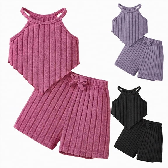 vigerkar Toddler Girls Clothes 2 Piece Outfit Summer Solid Ribbed Tank Tops & Bow Elastic Shorts Cute Kids Sets 6M-4 Y (Purple, 2-3 Years)