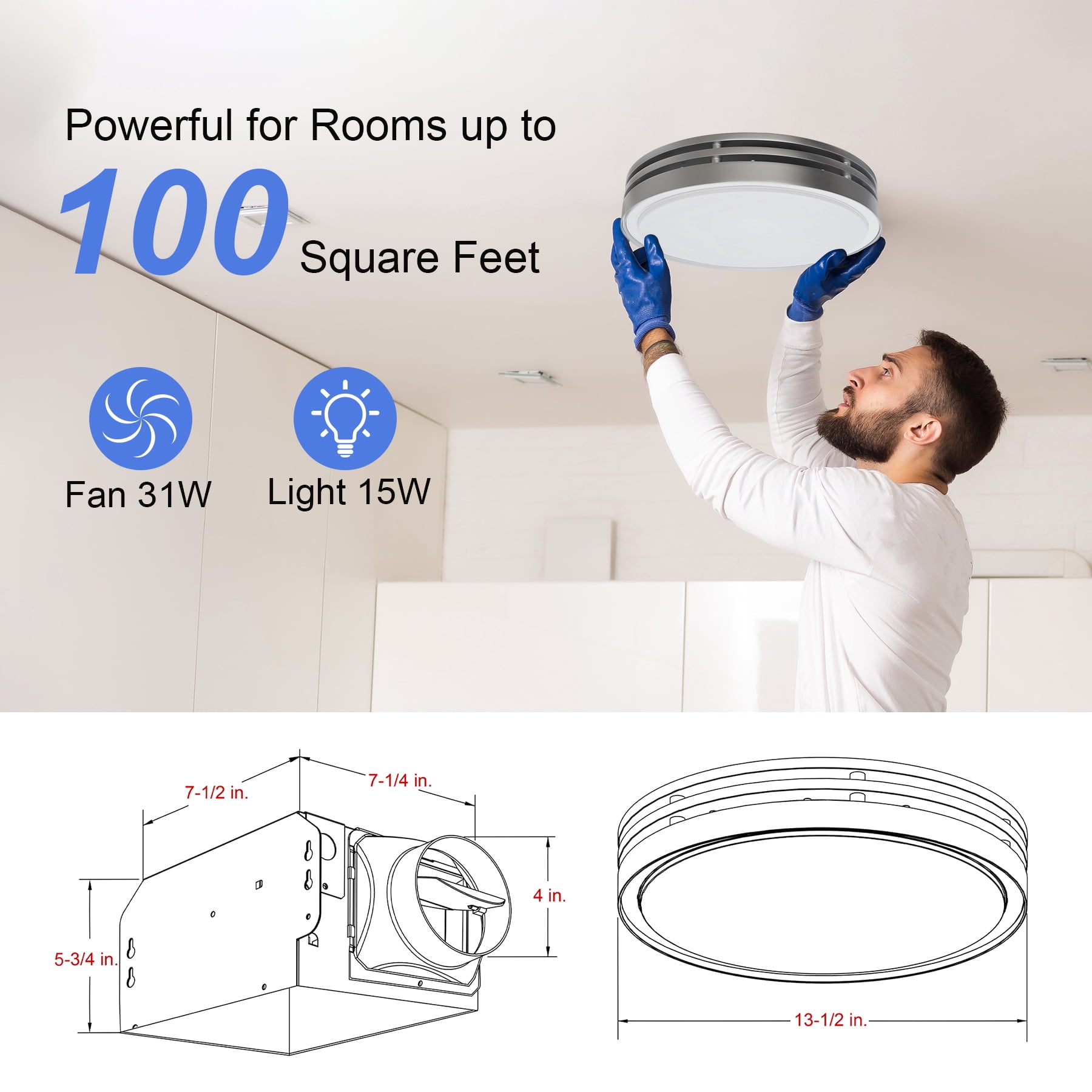 Akicon Round Sliver Bathroom Exhaust Fan with 3CCT LED Light & 5W Night Light, 110 CFM, 2.0 Sones Quiet Energy Efficient Vent Fan, 2700K/4000K/5500K