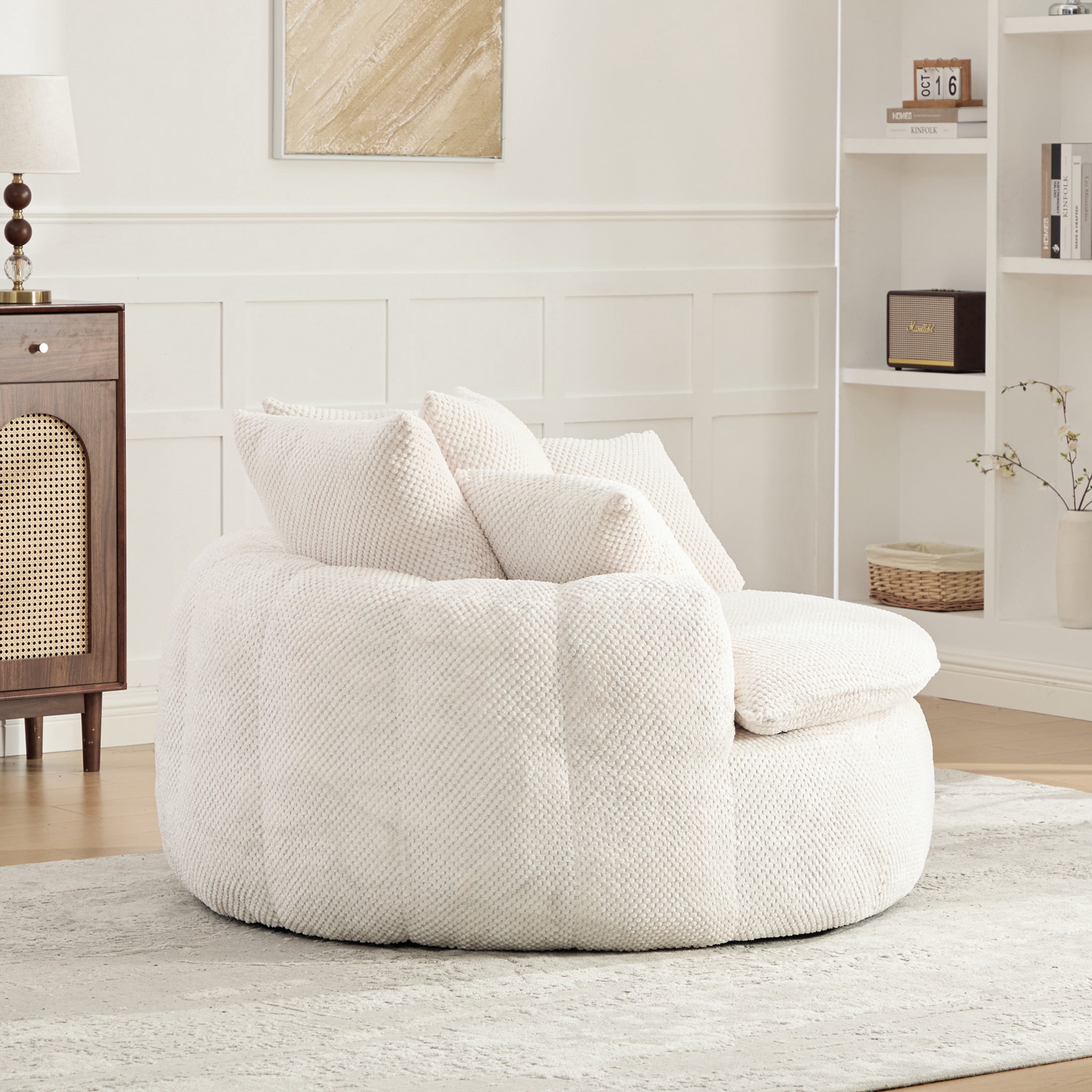 GDF Studio 53.15-Inch Oversized Pumpkin-Shaped Lounge Chair with Pineapple Lattice Fabric, Beige
