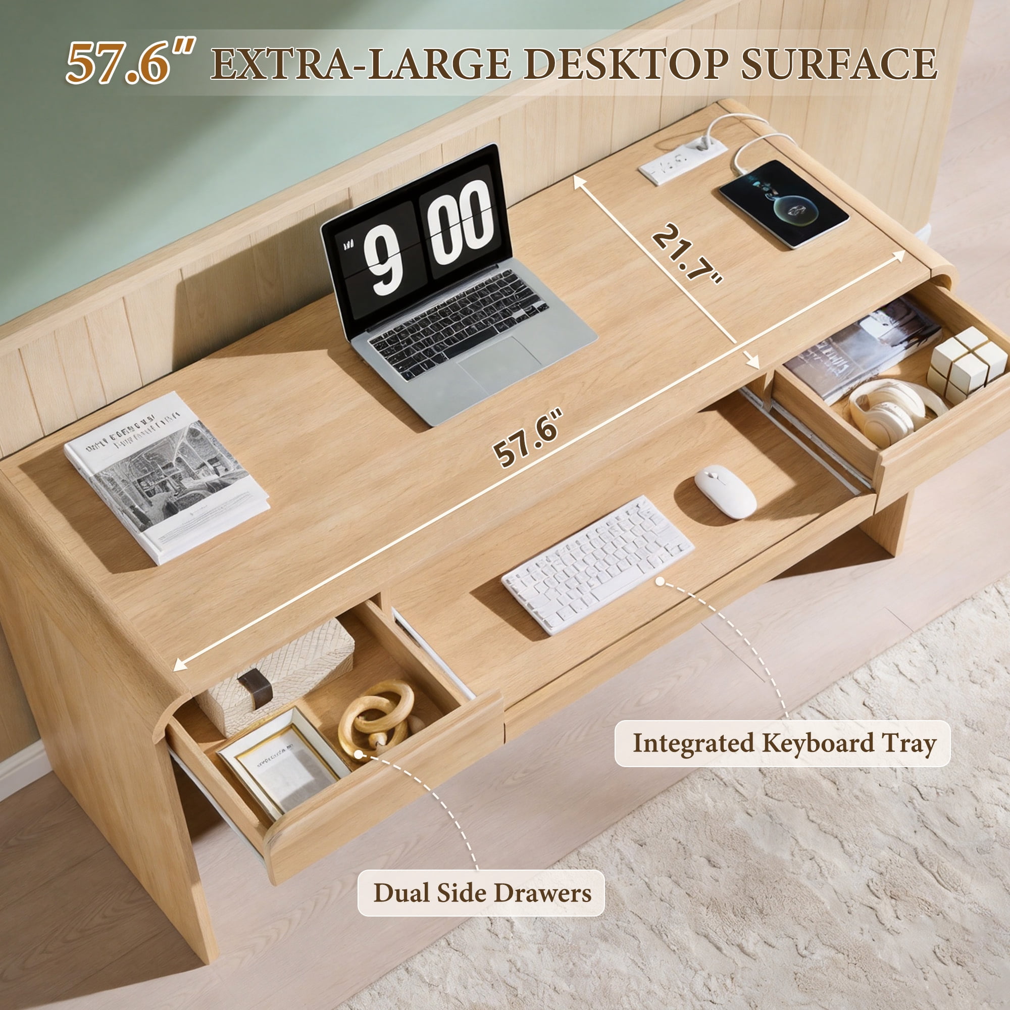 wow97e Modern Computer Desk with Storage Drawers, 57'' Large Executive Office Desk with Charging Station & Keyboard Tray for Home Office