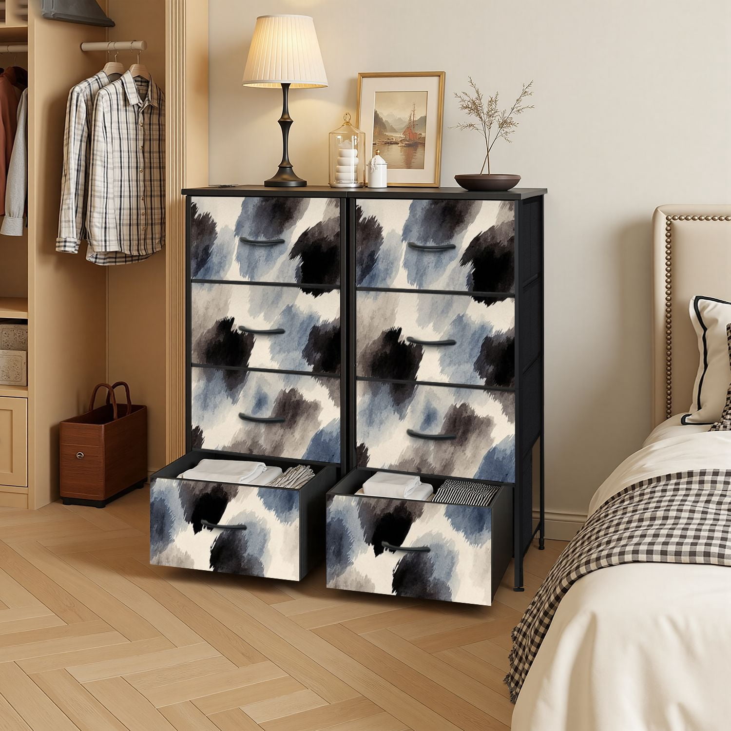 4 Drawer Vertical Storage Dresser Cute black brush strokes cream watercolor color brush with Wood Top Fabric Pull Drawers