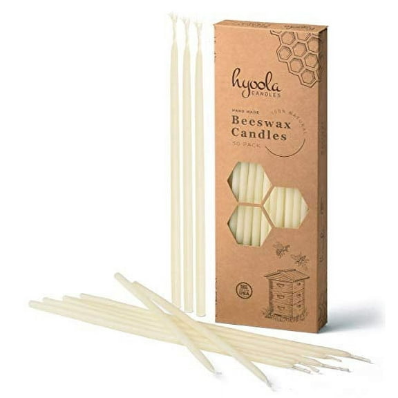 Hyoola 9 x 1/4 inch Handmade All Natural Beeswax Skinny Taper Candles - White Unscented 50 Pack