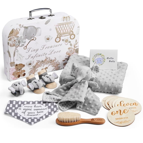 Lilian&Gema Baby Gift Set for Boys Girls, 14PCS Baby Shower Gifts, Neutral Newborn Gifts Basket with Baby Blanket, Monthly Milestone Cards, Elephant Security Blanket, Rattle Socks and Wrist