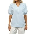 thumbnail image 3 of Womens Short Puff Sleeve Striped Blouses Top V Neck Loose Fit Casual Summer Work Blouses Striped Shirt Sky Blue S, 3 of 9