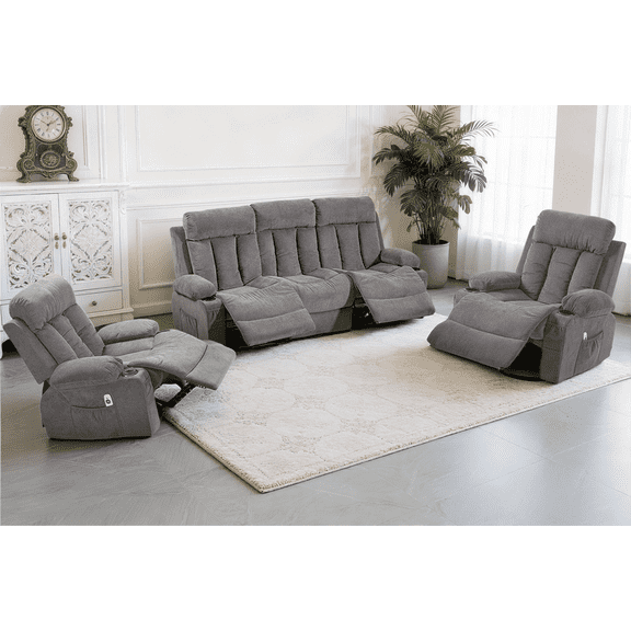 DELMANGO Manual Recliner Sofa Set, 3 Piece Reclining Living Room Furniture Sets with Cup Holders for Home Theater, Office (Grey, Sofa Loveseat Chair)