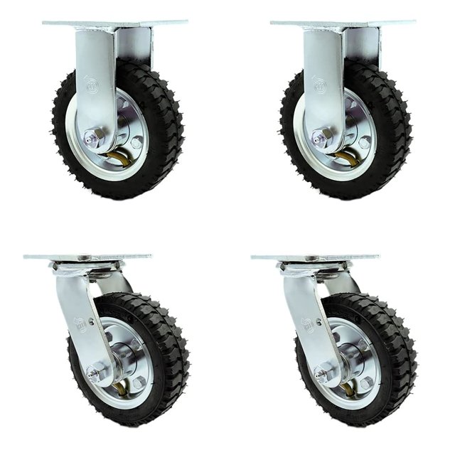 6 Inch Swivel Pneumatic Casters Set of 4 - Black Rubber Wheels - Includes 2 Swivel and 2 Rigid - Heavy Duty Casters - 1,000 lbs. Total Capacity - Service Caster Brand