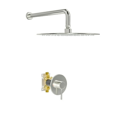 Logmey 10 inch Stainless Steel Wall Mount Round Rainfall Shower Head Brushed Nickel Bathroom Shower Set