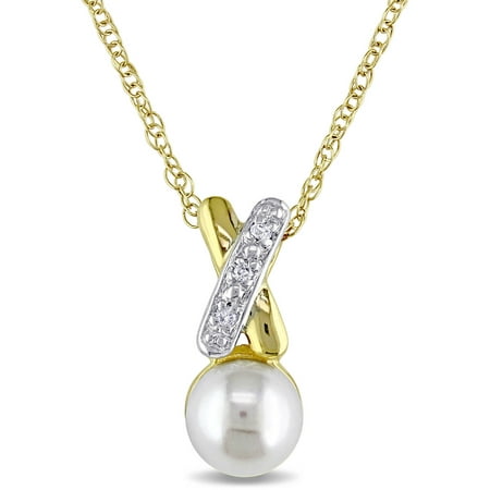 Miabella 5.5-6mm White Button Cultured Freshwater Pearl and Diamond-Accent 14kt Yellow Gold Fashion Pendant, 17