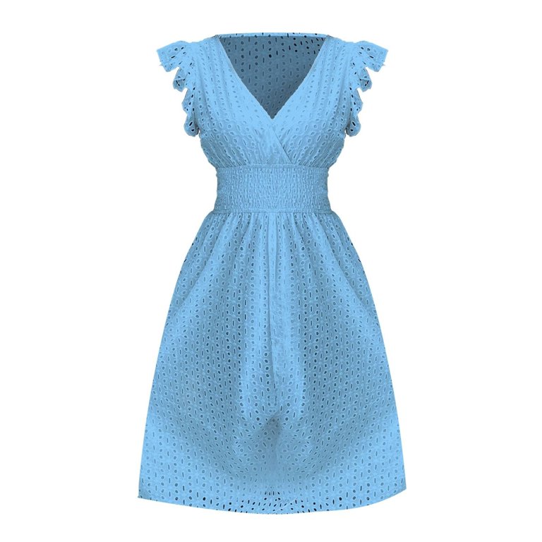 Jzuxvd Women's 2024 Eyelet Lace Embroidery Smocked Waist Party Dress Sexy  Flutter Sleeve A Line Midi Long Sun Dress Sky Blue S