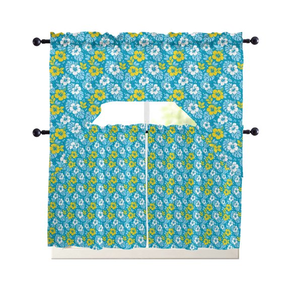Tropical Floral Kitchen Curtains Set for Windows 3 Piece Cafe Curtains 24 Inch Length Swag Curtains Valances and Tier Set Summer Monstera Leaves Boho Watercolor Blue Drapes for Bedroom Bathroom