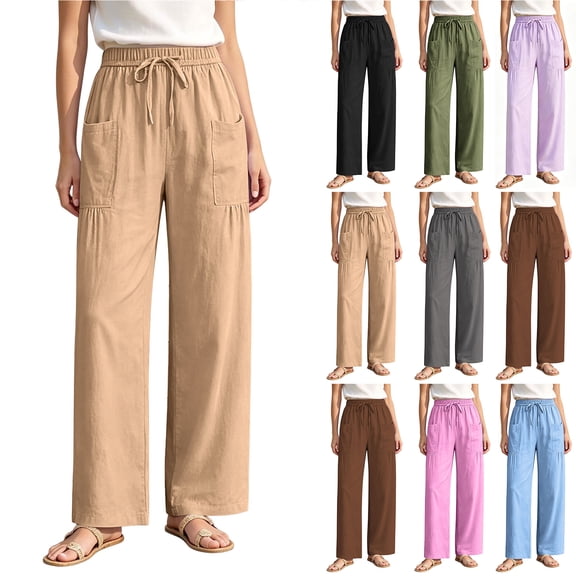 Bloomae Women's Casual Cotton Linen Pants Lightweight Drawstring Elastic Waist Lounge Pants Flowy Wide Leg Beach Vacation Trousers with Pockets