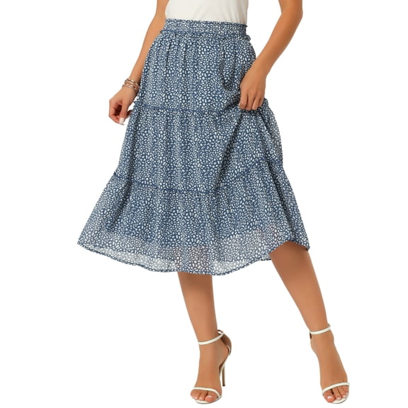 INSPIRE CHIC Women's Polka Dots Skirt Tiered Ruffle Elastic High Waist Casual Flowy A-Line Summer Beach Knee Skirts S Blue