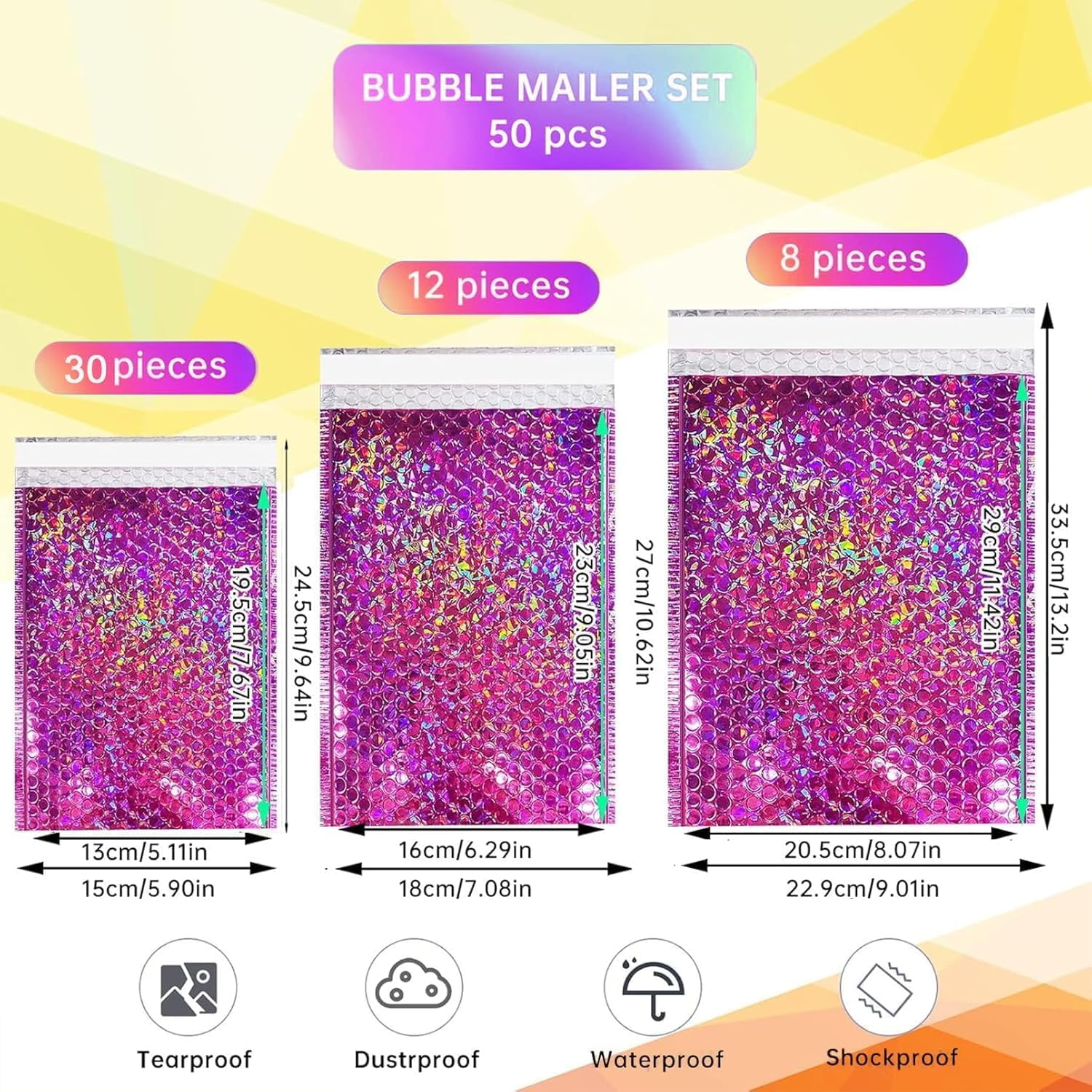 50Pcs Metallic Bubble Mailers,Waterproof Self Seal Adhesive Cushion Envelopes,Foil Glitter Shipping Mailer,Holographic Bubble Mailer for Mailing Packing Small Business,Thicken,3 Sizes,Rose Red
