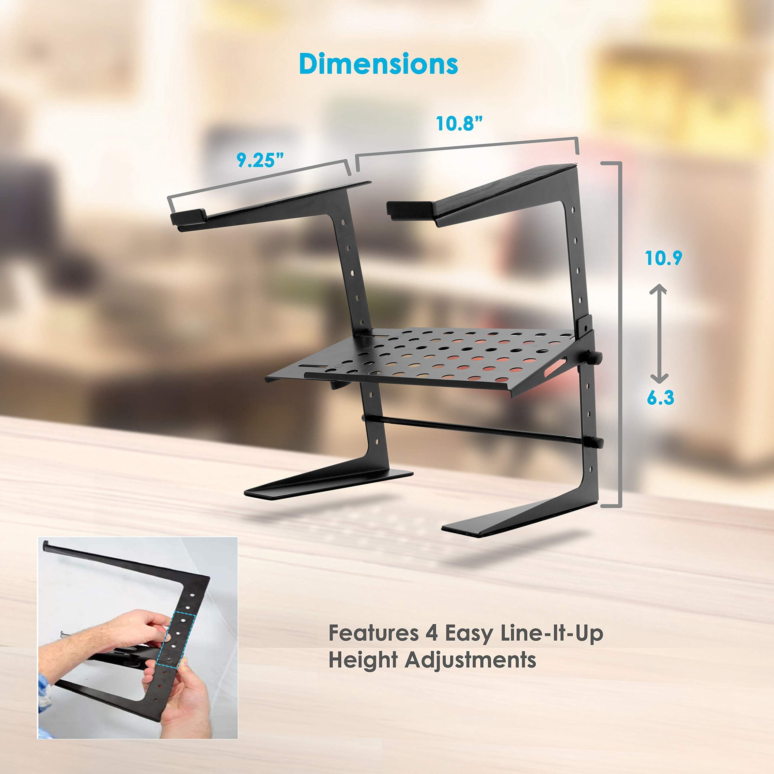 Pyle Portable Adjustable Laptop Stand - 6.3 to 10.9 Inch Standing Table Monitor or Computer Desk Workstation Riser with Shelf Storage and Height Alignment for DJ, PC, Gaming, Home or Office - PLPTS26
