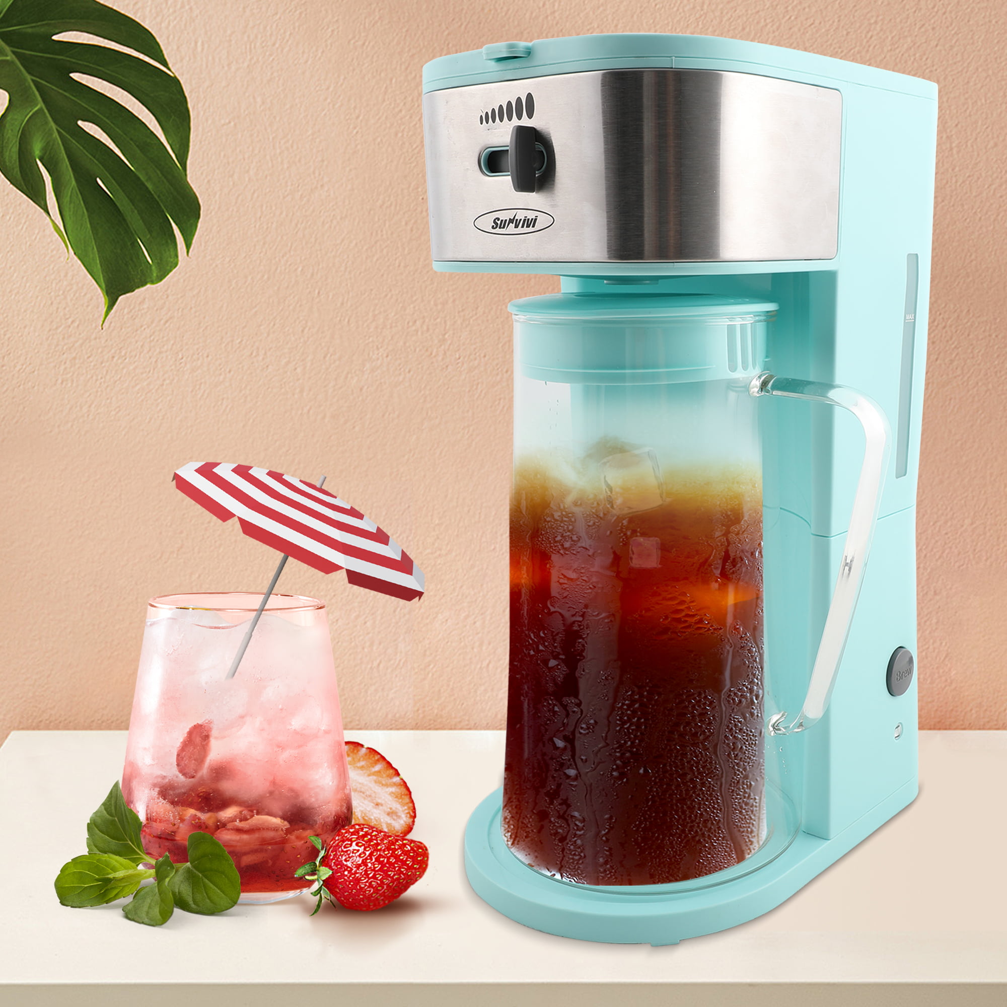 SUNVIVI 3 Quart Iced Tea Maker Iced Coffee Maker with Glass Pitcher for  Hot/Cold Water,Iced Tea Coffee Maker with Strength Selector,Stainless  Steel, Macaron Green 