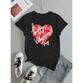 thumbnail image 4 of Women's "Happy Valentine's Day" Black T-Shirt with Red Heart & Floral Design - Casual Crew Neck, Short Sleeve Top, Stretchy Polyester Blend, Machine Washable Tee For Adult, Men, Women, Teen, Teenager, 4 of 6