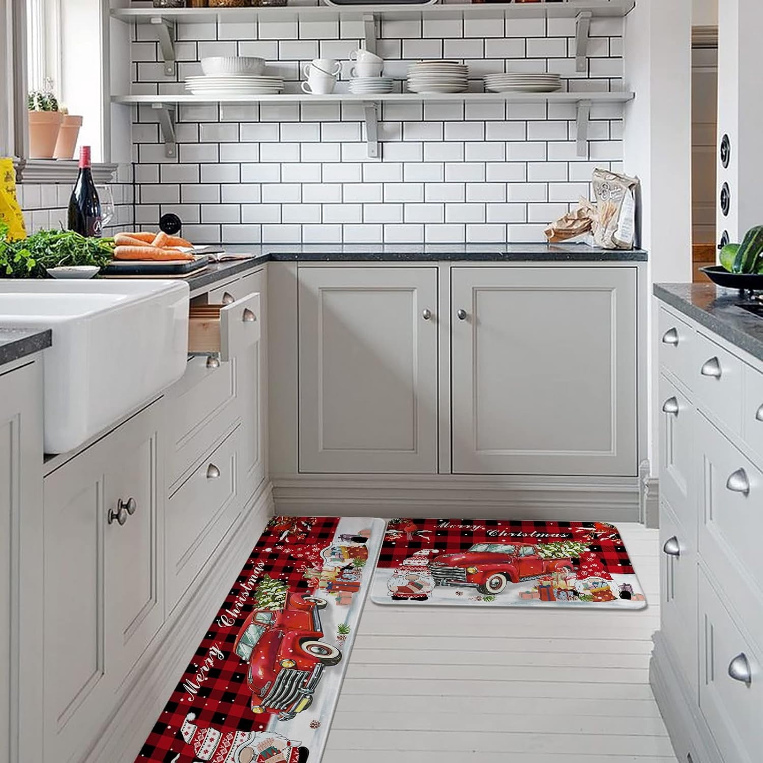 Kitchen Rug Mat Christmas Gnome Truck, Set of 2, Anti-Fatigue Non-Skid Washable Kitchen Runner Rugs, Red Buffalo Plaid Cardinals Soft Comfort Rug for Kitchen, Floor Home, Front of Sink, Laundry