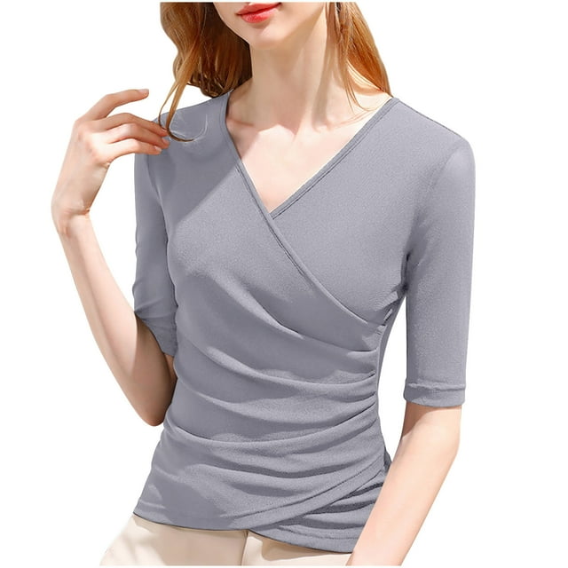 Timegard Going out Tops for Women 2/1 Sleeve V-Neck Ruched Solid Color Tshirts Fall Casual Slim Top