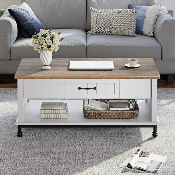 Wampat Farmhouse Coffee Table Large, Gray Side Table With Storage