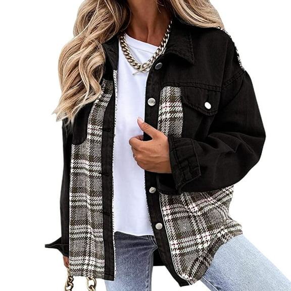 SWSMCLT Women's Denim Jacket Long Sleeve Jean Top Snow Spring Plaid Printed Casual Fall Button Jackets & Coats Fashion Western Black Small