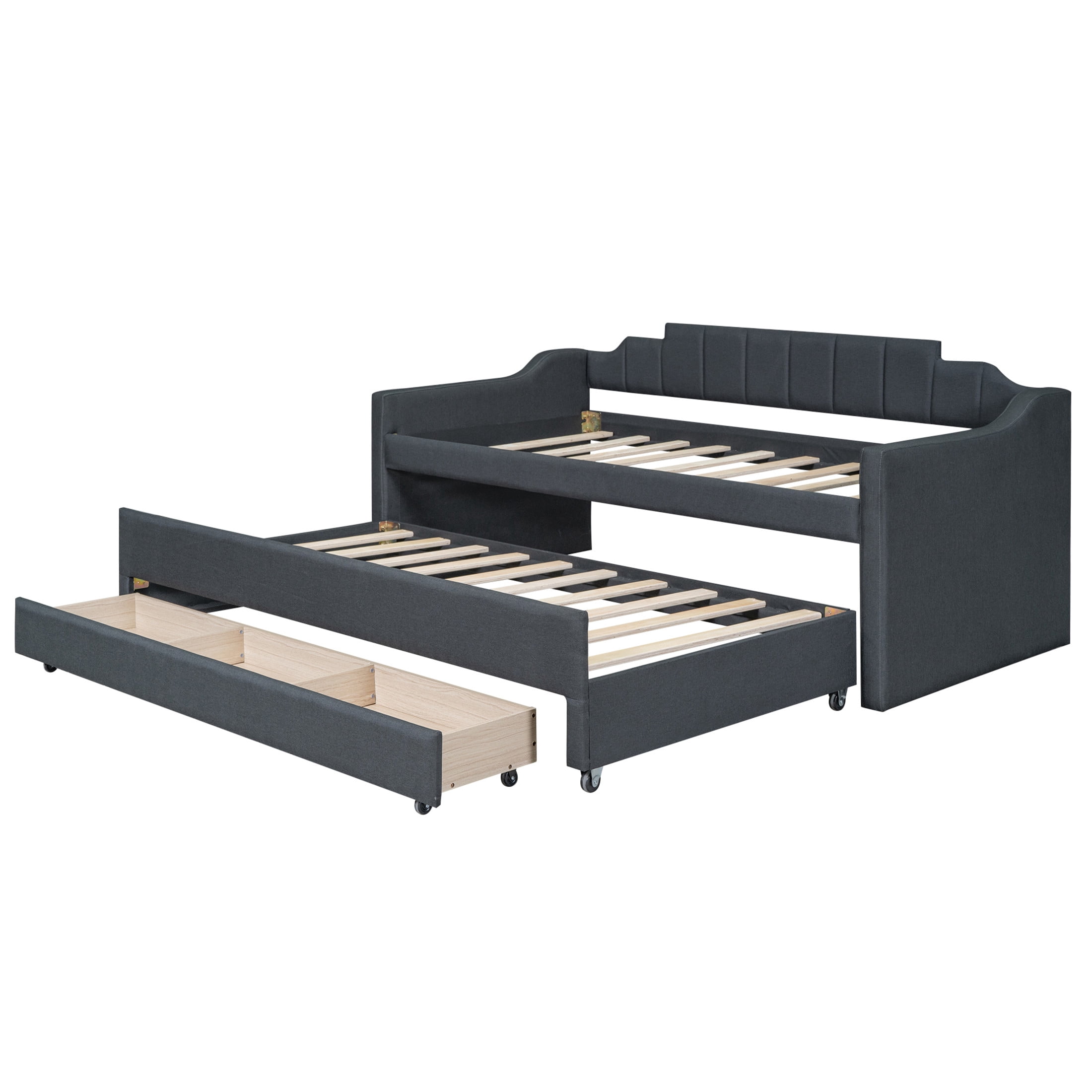 Noble House Norwick Twin Linen-Blend Upholstered Daybed with Trundle and Storage Drawers, Gray