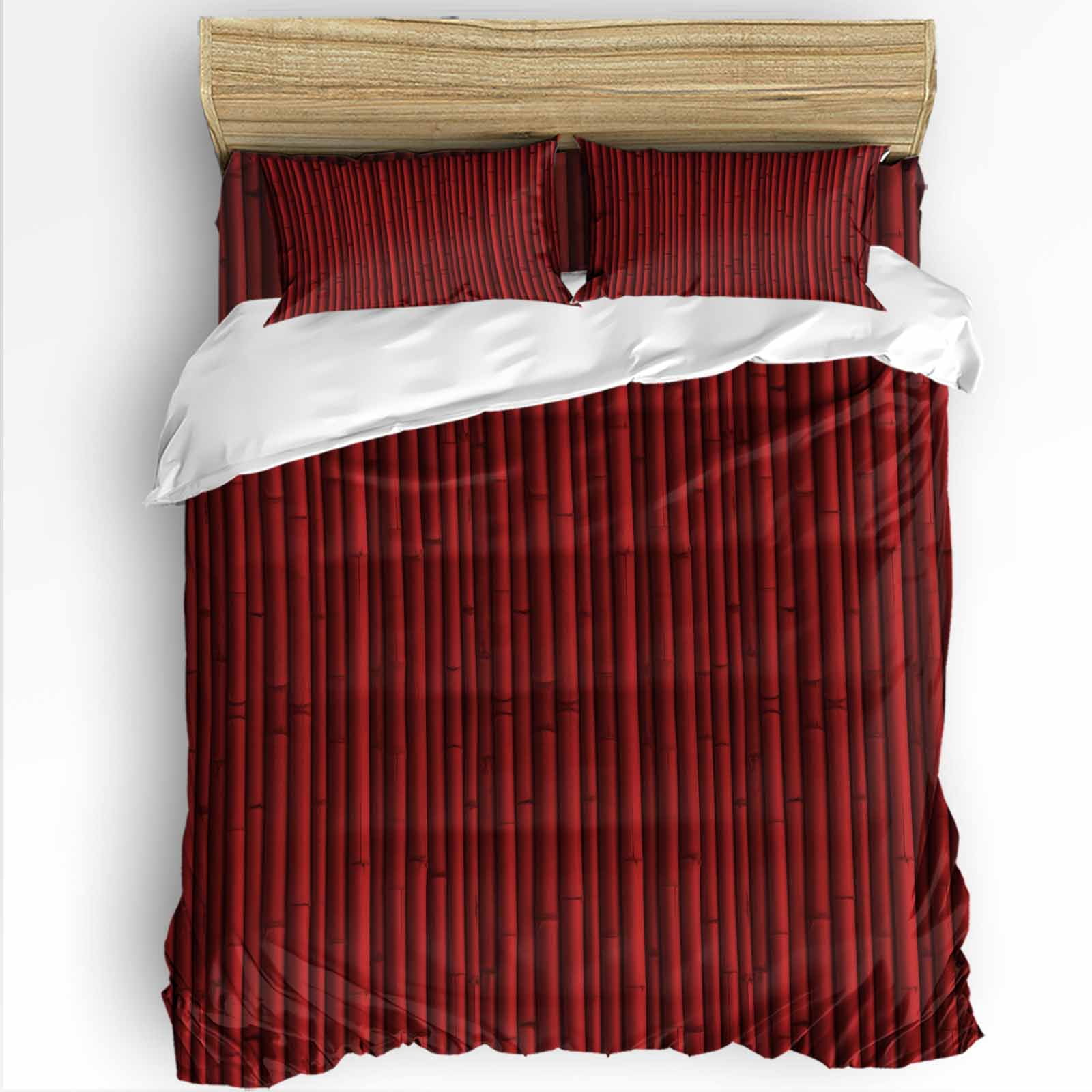 Red Bamboos Queen Duvet Cover Set, Natural Vintage Bamboos Tree Plant Image 4 Piece Microfiber Bedding Set with Zipper Closure, Bed Sheet and 2 Pillow Shams, Soft Bedding Cover