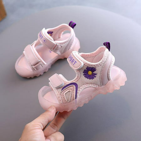 

Kreigaven Children s sandals summer new girls sandals small chrysanthemum soft-soled baby shoes boys anti-collision Baotou beach shoes Pink 26