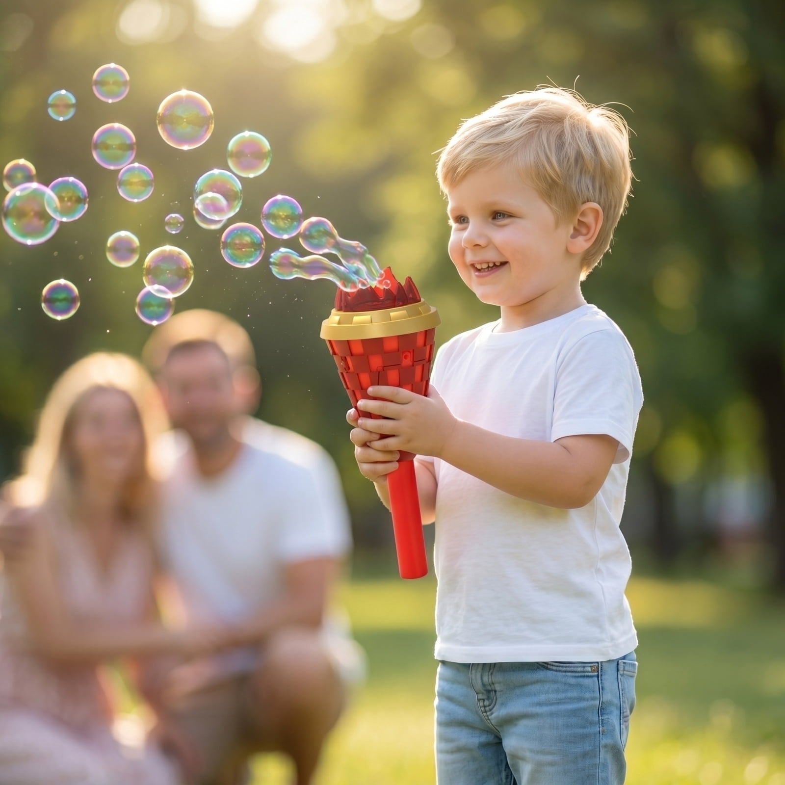 Handheld Torch Bubble Blowing Machine with Lights and Automatic Bubble Maker, Outdoor Bubble Wand with 100ml Solution and ABS Design for Party Activities