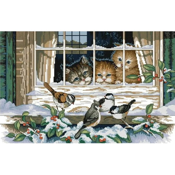 Three Kittens & Birds | Cross Stitch Needlework Embroidery Kits (printed canvas)