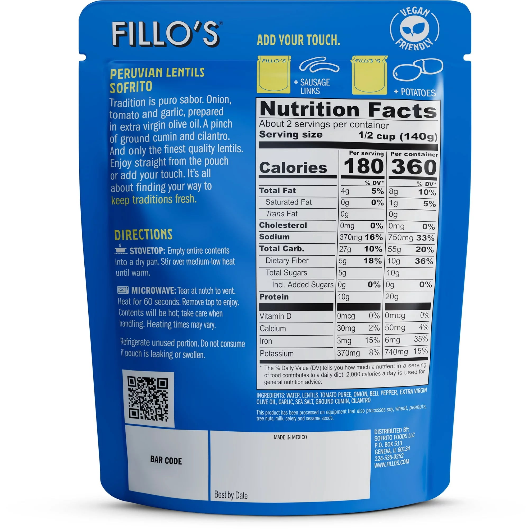 FILLO'S Peruvian Lentils Mild, 10 oz, 6 Count