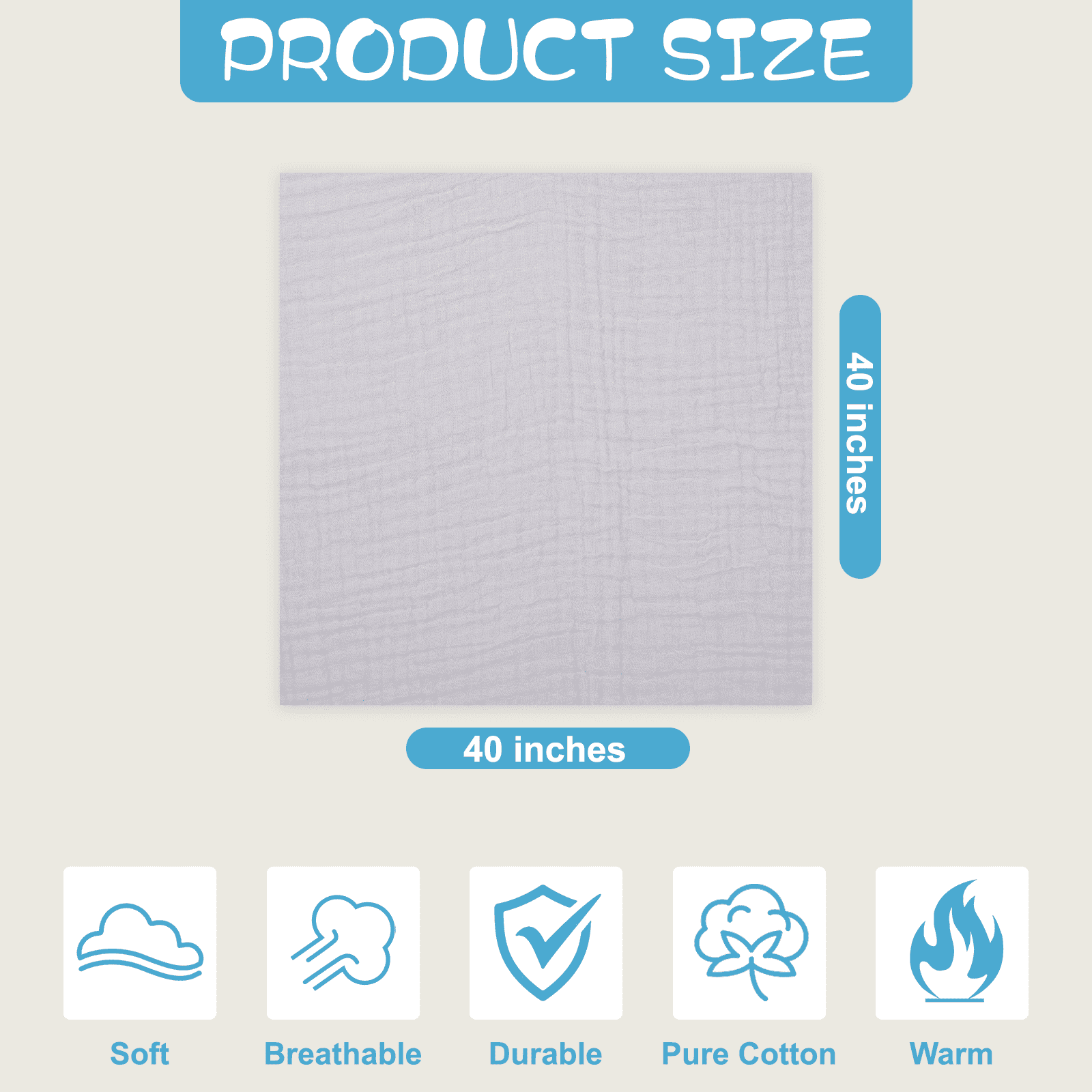 Asung Muslin Baby Bath Towel Soft Muslin Cotton Baby Towel Absorbent 3 pack 40" x 40"  (Grey)