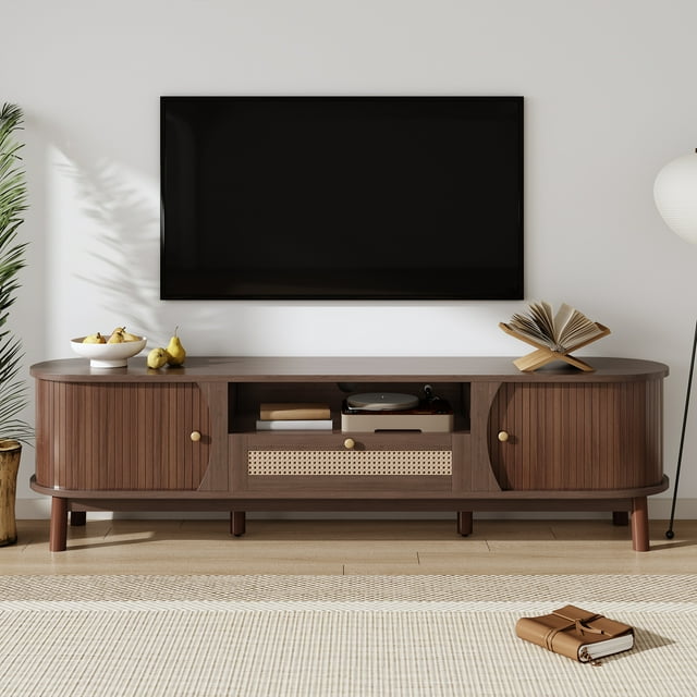 TV Stand - with Doors and Drawers. Rattan TV Cabinet, Solid Wood Doors, Natural Country Style Storage Solutions