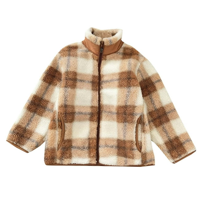 ShomPort Fleece Coat for Girls Stand Collared Plaid Pattern Zipper Long Sleeve Jackets Fall Winter Thickened Outwear with Pockets