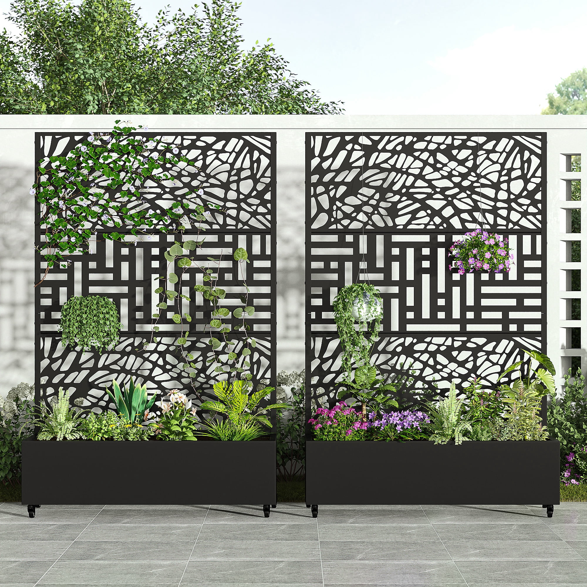 MAYEERTY 2-Set 47*16" Outdoor Black Metal Planter Box with Trellis for Climbing Plants,Vine & Street Pattern