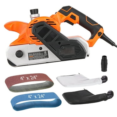 KFFKFF 10AMP Sander Machine, 4" x 24" Woodwork Belt Grinders with 6 Variable Speeds 274-480 m/min, Efficient Grinding Machine with 2 in 1 Vacuum Adapter, 2 Dust Collectors, 2 Grinding Belts