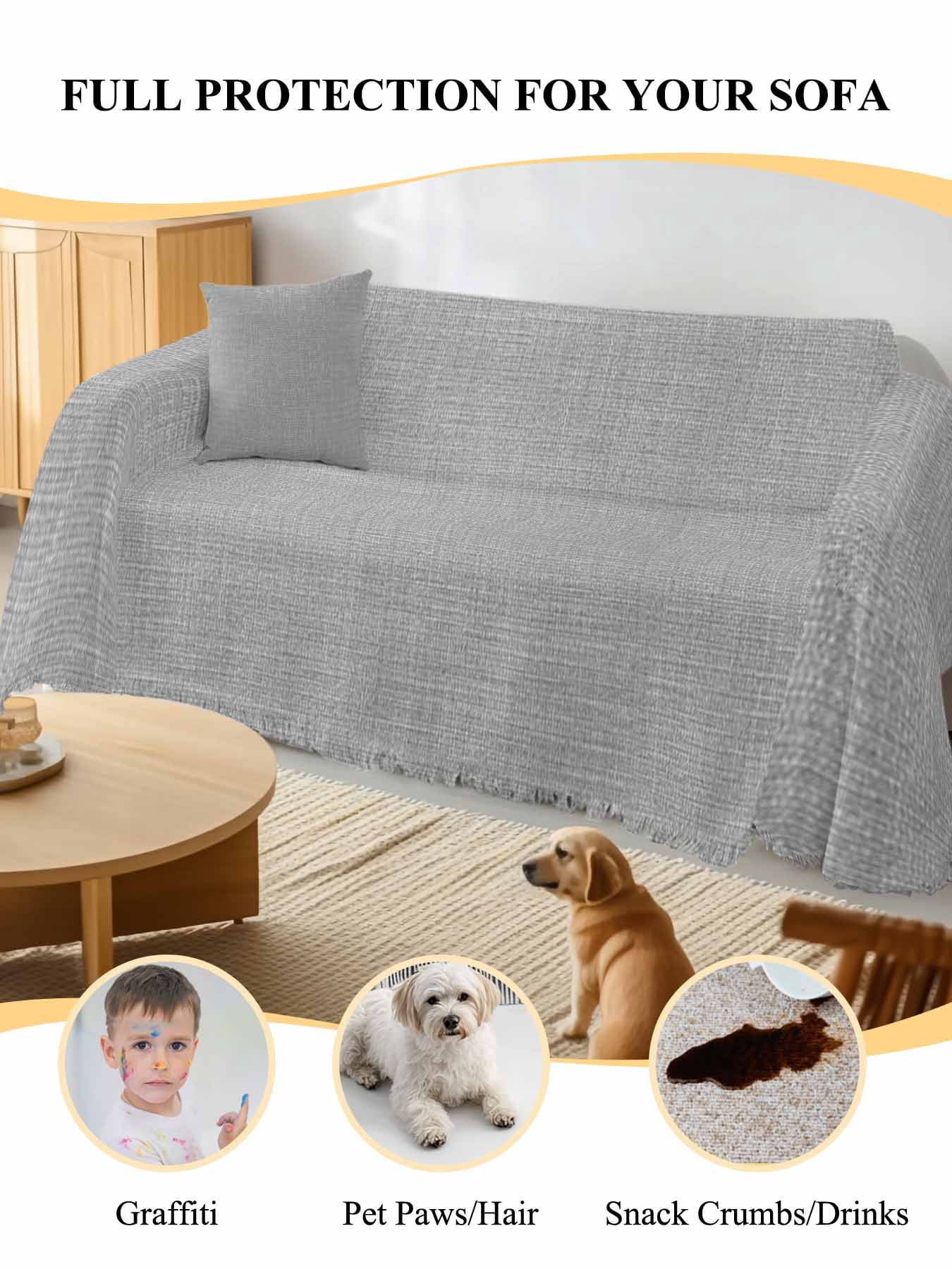 Grey Burlap Texture Sofa Covers for 2-3 Cushion Couch L-Shaped Sectional, Farmhouse Vintage Gray Washable Sofa Covers Slipcover for Living Room Furniture, Couch Cover Blanket 71"x134"