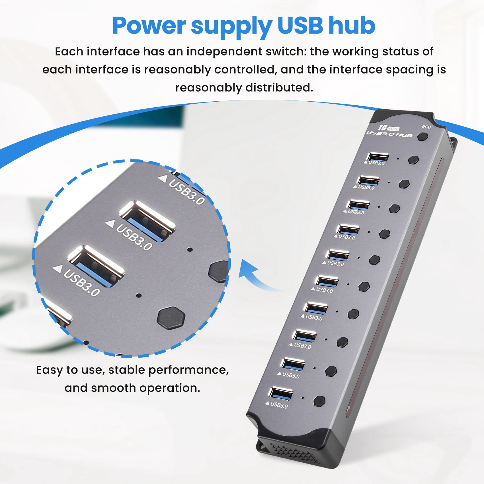 10 in 1 Powered USB HUB 10 Ports USB Adapter USB Splitter USB 3.0 Interface Individual Switch RGB E-Marker Heat Design,1 x 10 in 1 Powered USB HUB,Photo Color