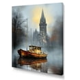 thumbnail image 2 of Designart "Church and Harbor Boat Sunset Grey Coastal Serenity" Coastal Canvas Wall Art - Coastal Grey Coastal Sunset Hallway Wall Art Decor, 2 of 6