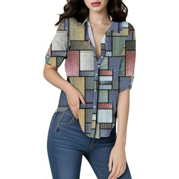 Fashion Womens Blouse Casual Plaid Blend Long-Sleeved with Button Lapel Shirt