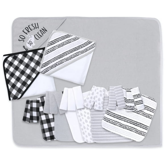 The Peanutshell Ensemble de Serviette de Bain à Capuchon et Débarbouillette pour Bébés Garçons Ou Filles - Ensemble Unisexe de 23 Pcs - Carreaux Noirs et Rayures
