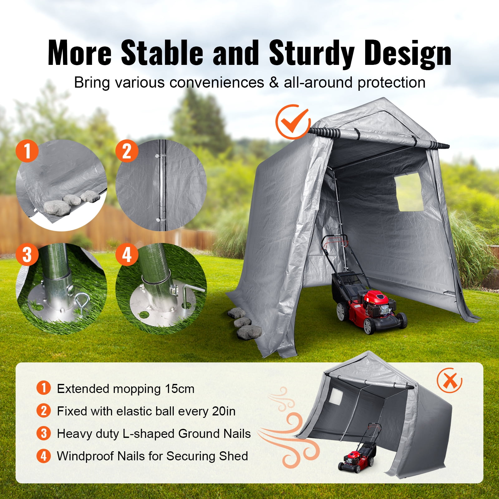 KFFKFF 6 x 8x 7 ft Portable Outdoor Storage Shelter, Heavy Duty Garage Carport Shed Waterproof Storage Tent for Motorcycle, Boat or Garden Tools with Roll up Zipper Door & Vents, Grey