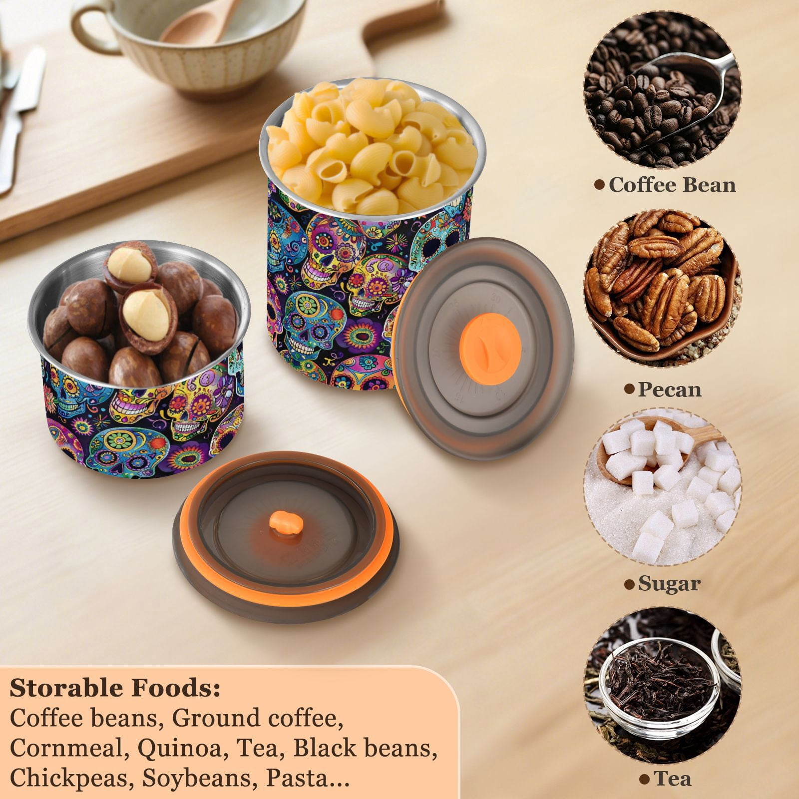 Sugar Skulls Day Of Dead Airtight Coffee Bean Canister 30oz Food Storage Containers with Lids For Gournd, Tea, Sugar, Flour, Rice, Cereal, Candy Cookie Jar