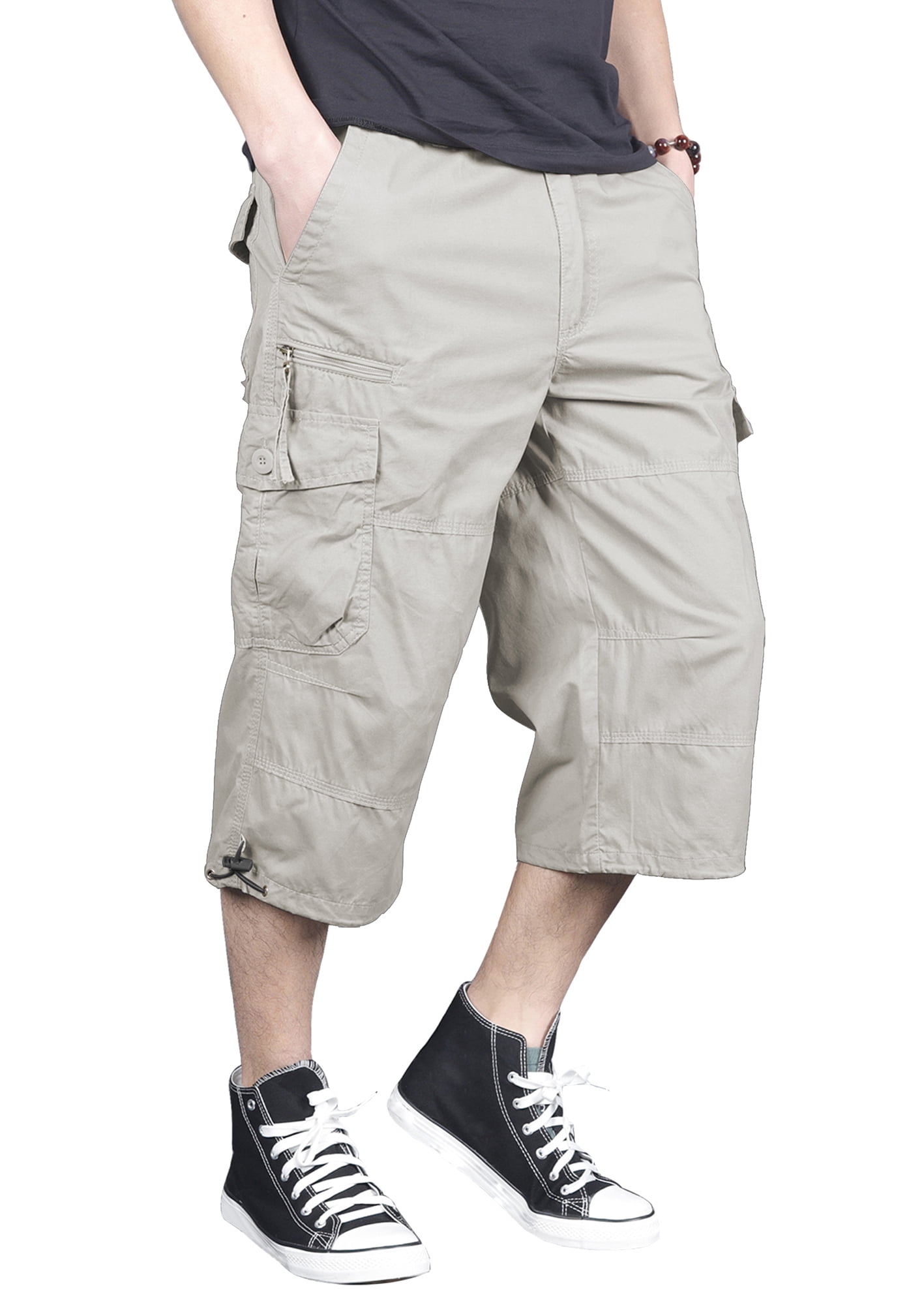 FEDTOSING Mens Casual Cargo Long Shorts Cotton Capri Pants Knee Length Shorts with Multi Pockets Elastic Waist 