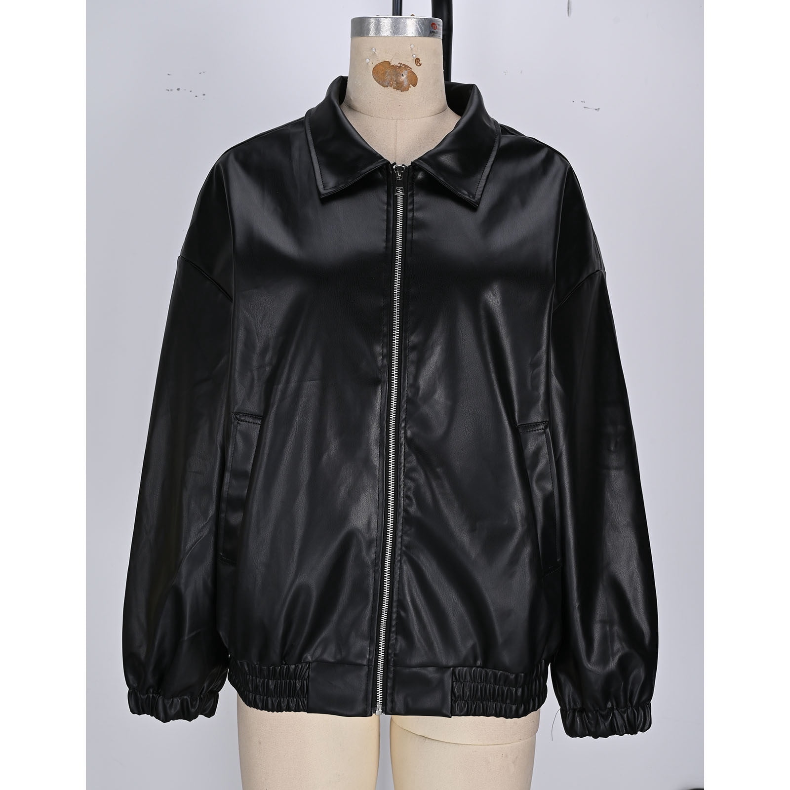 wdsxpo Bomber Jacket Women Faux Leather Jackets Full Zip Oversized Fall Motorcycle Coats Lapel Collar Zip Up Cropped Biker Coat