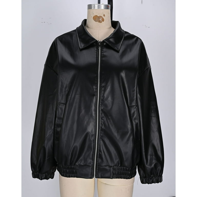 DAFPZW Womens Oversized Leather Jackets Faux Leather Bomber Jacket
