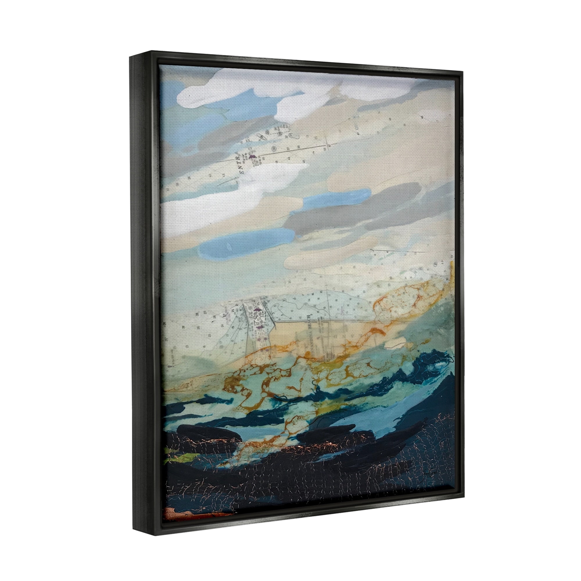 Stupell Industries Nautical Landscape Abstract Ocean Layered Map Collage Painting Jet Black Floating Framed Canvas Print Wall Art, Design by Stacy Gresell