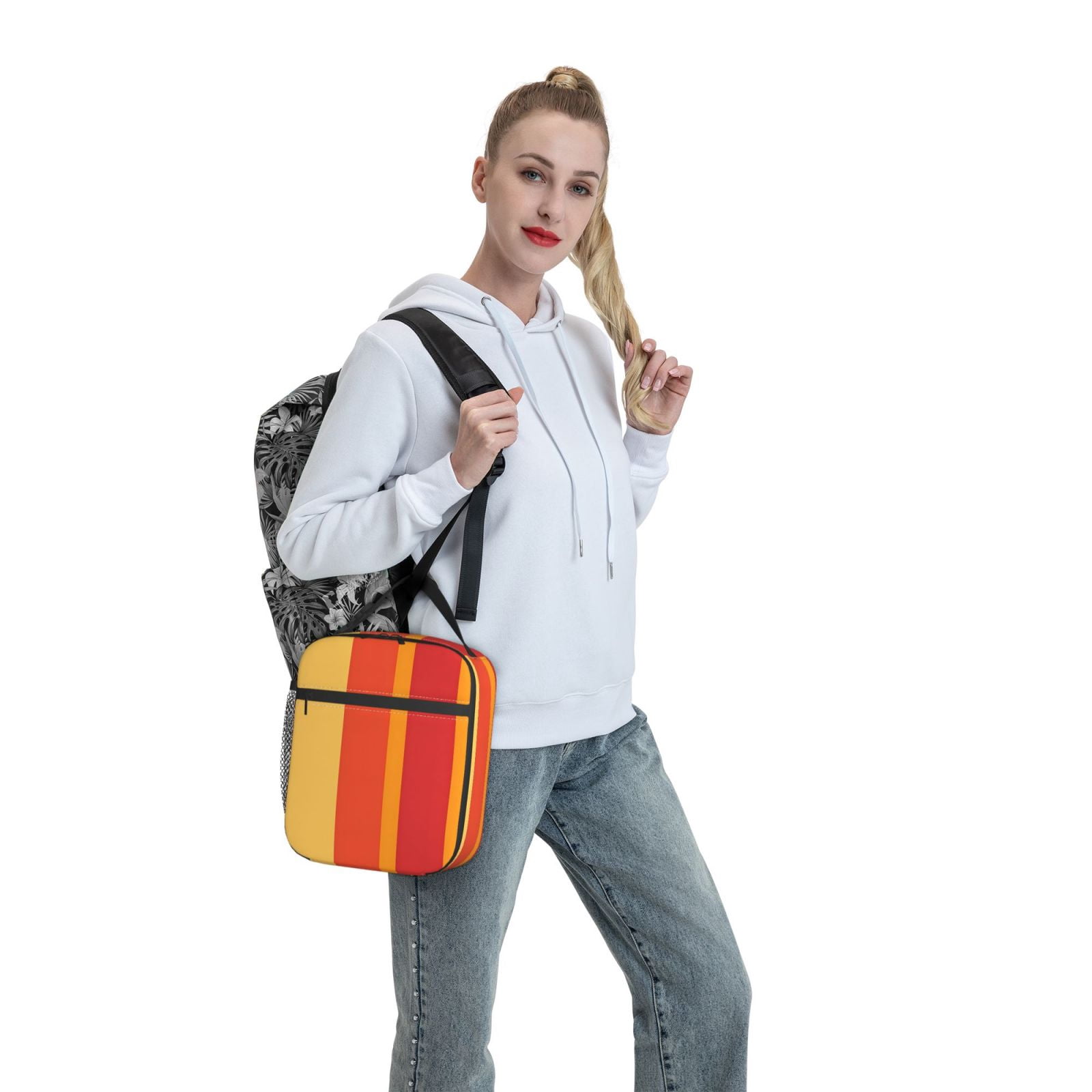 Lunch Bag For Women Men Insulated Portable Lunch Box Bento Box Office Picnic Travel Cooler Bag Orangered Stripe_2